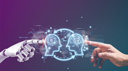 Image symbolisant l'IA avec une main de robot qui rejoint celle d'un être humain